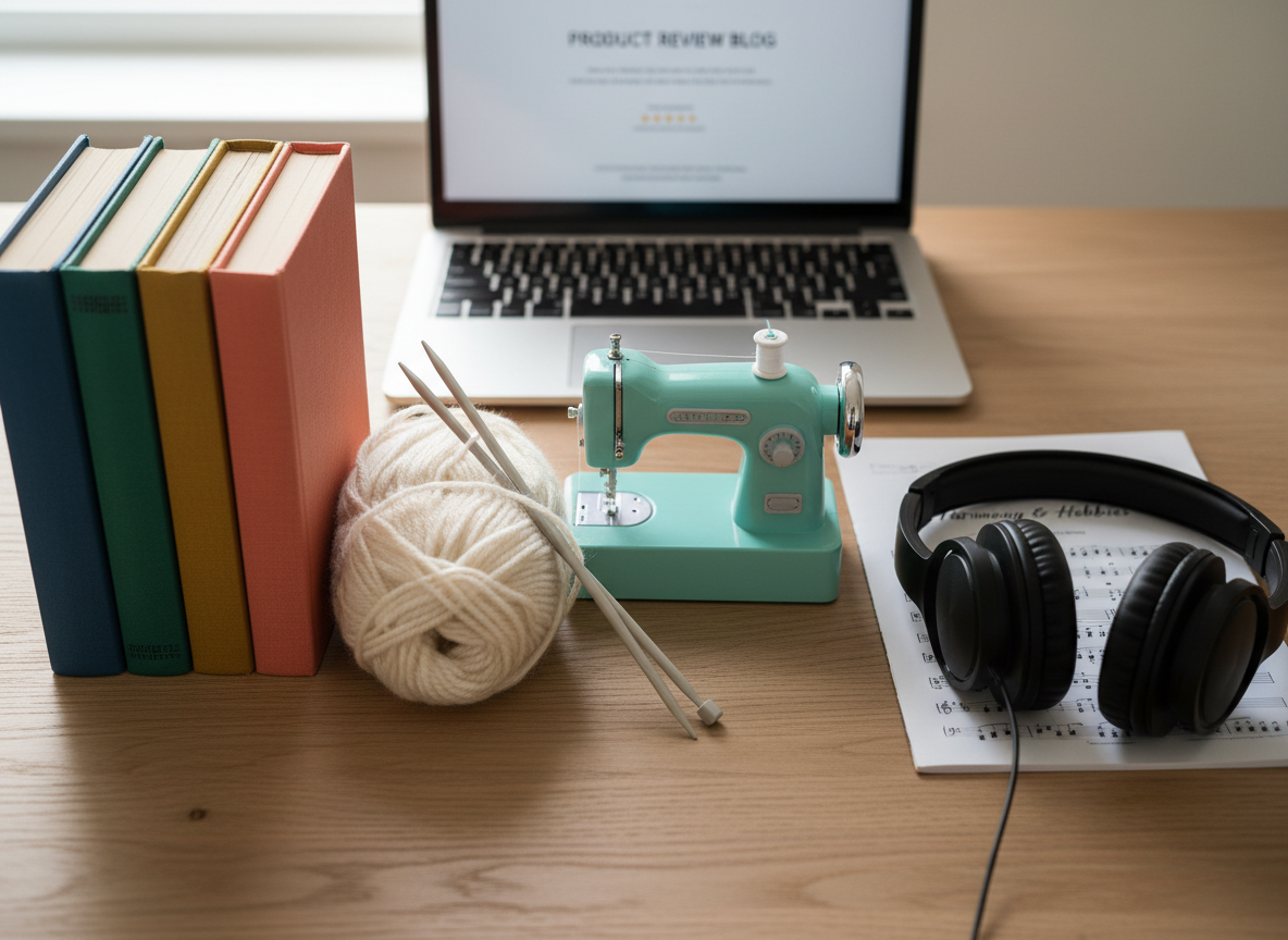 A neatly arranged flat lay of assorted hobby supplies for reviews: a textured wooden desk holds a stack of hardback books with colorful spines, a skein of soft merino yarn, polished knitting needles, a small vintage-style sewing machine, and a classic over-ear headphone set resting beside a glossy musical score booklet. Soft, diffused natural light from an unseen window to the left creates gentle highlights on the yarn fibers and subtle reflections on the headphone cups. Background elements, such as a blurred laptop with a review page open, hint at a professional reviewing workspace. Photographic realism, shot from a true bird’s-eye view with sharp focus throughout, creating a clean, modern, and organized mood suitable for a trustworthy review blog homepage.